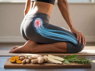 Mujer en postura de estiramiento de yoga, con una ilustración 3D del nervio ciático en azul y la articulación de la cadera en rojo. En primer plano, ingredientes antiinflamatorios: cúrcuma, jengibre y hierbas. La imagen representa el alivio del dolor ciático a través del movimiento y remedios naturales.