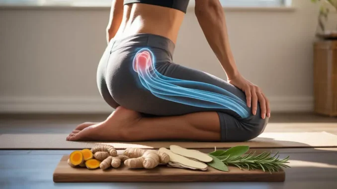 Mujer en postura de estiramiento de yoga, con una ilustración 3D del nervio ciático en azul y la articulación de la cadera en rojo. En primer plano, ingredientes antiinflamatorios: cúrcuma, jengibre y hierbas. La imagen representa el alivio del dolor ciático a través del movimiento y remedios naturales.