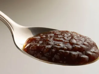 Primer plano nítido de una cucharada colmada de una mermelada espesa, de color marrón oscuro, hecha con ciruelas pasas y dátiles. La imagen representa el laxante natural casero para combatir el estreñimiento y promover la limpieza del colon.