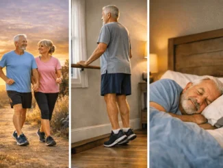 hábitos diarios para mantenerse fuerte: adultos mayores caminando, haciendo ejercicio y durmiendo bien para llegar a los 90 con salud