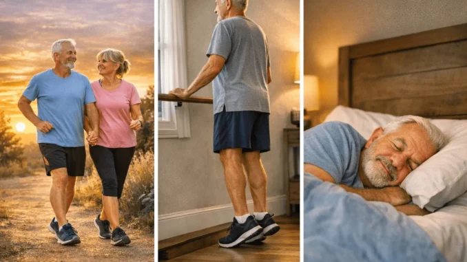hábitos diarios para mantenerse fuerte: adultos mayores caminando, haciendo ejercicio y durmiendo bien para llegar a los 90 con salud