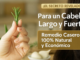 Ingredientes del tónico casero para el crecimiento del cabello: semillas de linaza, jengibre fresco y romero, junto a un frasco atomizador con el tónico y un mechón de cabello sano