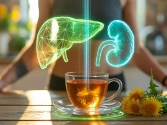 Infografía que muestra los 6 beneficios del té de Diente de León para reducir la hinchazón, limpiar el hígado y los riñones, y mejorar la digestión.